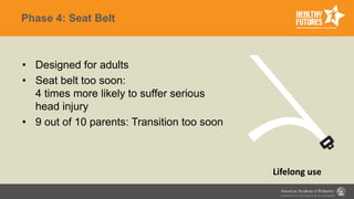 Phase 4: Seat Belt
• Designed for adults
• Seat belt too soon:
4 times more likely to suffer serious
head injury
• 9 out of 10 parents: Transition too soon
Lifelong use
 