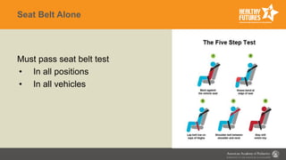 Seat Belt Alone
Must pass seat belt test
• In all positions
• In all vehicles
 