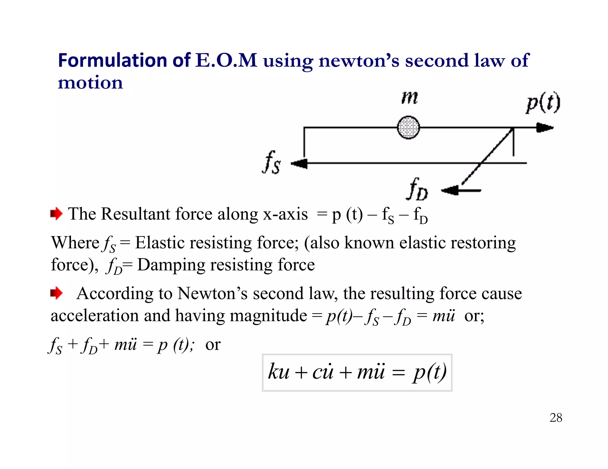 28
Formulation of E.O.M using newton’s second law of
motion
The Resultant force along x-axis = p (t) – fS – fD
Where fS = Elastic resisting force; (also known elastic restoring
force), fD= Damping resisting force
According to Newton’s second law, the resulting force cause
acceleration and having magnitude = p(t)– fS – fD = mü or;
fS + fD+ mü = p (t); or
p(t)
u
m
u
c
ku 

 


 