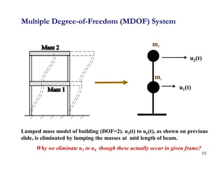 10
Multiple Degree-of-Freedom (MDOF) System
Lumped mass model of building (DOF=2). u3(t) to u6(t), as shown on previous
slide, is eliminated by lumping the masses at mid length of beam.
Why we eliminate u3 to u6 though these actually occur in given frame?
m2
m1
u1(t)
u2(t)
 