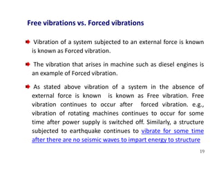 19
Vibration of a system subjected to an external force is known
is known as Forced vibration.
The vibration that arises in machine such as diesel engines is
an example of Forced vibration.
As stated above vibration of a system in the absence of
external force is known is known as Free vibration. Free
vibration continues to occur after forced vibration. e.g.,
vibration of rotating machines continues to occur for some
time after power supply is switched off. Similarly, a structure
subjected to earthquake continues to vibrate for some time
after there are no seismic waves to impart energy to structure
Free vibrations vs. Forced vibrations
 