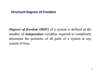 2
Structural Degrees of Freedom
Degrees of freedom (DOF) of a system is defined as the
number of independent variables required to completely
determine the positions of all parts of a system at any
instant of time.
 