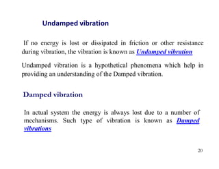 20
Undamped vibration
If no energy is lost or dissipated in friction or other resistance
during vibration, the vibration is known as Undamped vibration
Undamped vibration is a hypothetical phenomena which help in
providing an understanding of the Damped vibration.
In actual system the energy is always lost due to a number of
mechanisms. Such type of vibration is known as Damped
vibrations
Damped vibration
 