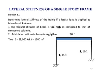 45
LATERAL STIFFNESS OF A SINGLE STORY FRAME
Problem 3.1
Determine lateral stiffness of the frame if a lateral load is applied at
beam level. Assume:
1. The flexural stiffness of beam is too high as compared to that of
connected columns.
2. Axial deformations in beam is negligible
Take E = 29,000 ksi, I = 1200 in4
I, 15ft
20 ft
I, 10ft
 