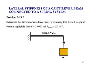 47
Problem M 3.2
Determine the stiffness of cantilever beam by assuming that the self weight of
beam is negligible Take E = 29,000 ksi, kspring= 200 lb/ft.
10 ft, 2 " dia.
W
LATERAL STIFFNESS OF A CANTILEVER BEAM
CONNECTED TO A SPRING SYSTEM
 