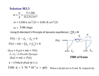 Using D-Alembert’s Principle of dynamic equilibrium , ∑Fx= 0
p(t)
u
10
*
76
.
3
u
3106 6




k = 3759k/ft (Prob M 3.1)
Solution M3.3
Where u & p(t) are in ft and lb, respectively
3106 slugs
FBD of frame
k1+k2= k (Parallel Springs)
 
