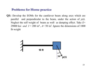 Q1: Develop the EOMs for the cantilever beam along axes which are
parallel and perpendicular to the beam, under the action of p(t).
Neglect the self weight of beam as well as damping effect. Take E=
29000 ksi and I = 200 in4 , A= 50 in2. Ignore the dimensions of 1000
lb weight
Problems for Home practice
59
p(t)
30o
 