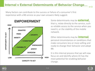 3.12
Internal v External Determinants of Behavior Change…
Some determinants may be external,
that is, relate directly to the service, such
as reliable access to the service when you
need it, or the stability of the mobile
network.
Other determinants may be internal,
personal circumstances or conditions that
make consumers less or more willing and
ready to change their behavior and adopt
BB.
It is this internal process that we will now
focus on and identify where CE has the
most potential for enabling behavior
change.
Many factors can contribute to the success or failure of a consumer’s first
experience with a BB service as your own answers likely suggest.
 