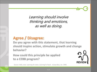 3.22
Learning should involve
thinking and emotions,
as well as doing.
Agree / Disagree:
Do you agree with this statement, that learning
should inspire action, stimulate growth and change
behavior?
How could this principle be applied
to a CEBB program?
Source: Vella, Jane. Learning To Listen, Learning To Teach. Jossey-Bass, Inc: 1994.
 