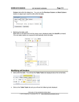 WORD 2010 BASICS Page 111
Column tab w ithin the dialog box. You can use the Previous Column and Next Column
buttons to adjust each column w idth w ithin the table.
Modifying the table w idth.
Right click on the table and from the popup menu displayed select the AutoFit command.
You can select options as required to automatically resize the table.
Modifying cell borders
Click w ithin the table. You w ill see the Table Tools tab displayed above the normal tabs.
Click on the Table Tools tab and you w ill see the follow ing tools displayed.
FOR USE AT THE LICENCED SITE(S) ONLY
2010 Cheltenham Courseware Pty. Ltd. - www.cheltenhamcourseware.com.au
BY M.DAWY.ASWAN
 