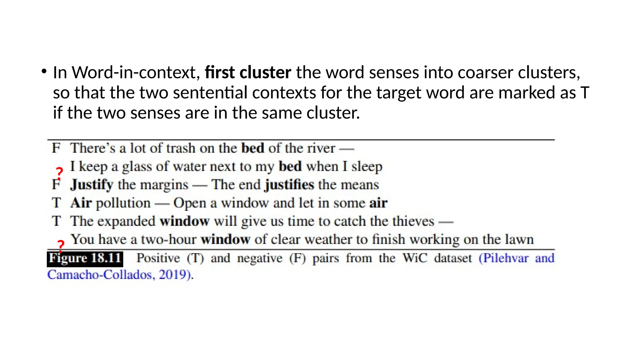 • In Word-in-context, first cluster the word senses into coarser clusters,
so that the two sentential contexts for the target word are marked as T
if the two senses are in the same cluster.
?
?
 
