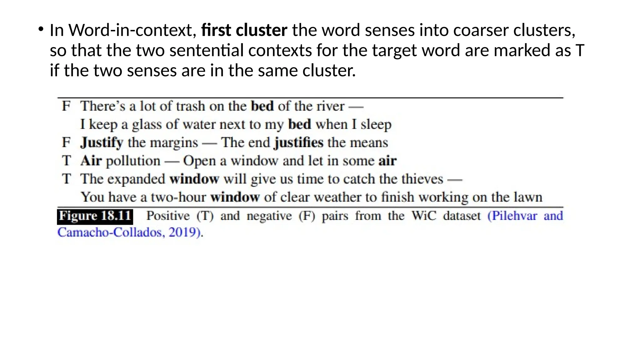 • In Word-in-context, first cluster the word senses into coarser clusters,
so that the two sentential contexts for the target word are marked as T
if the two senses are in the same cluster.
 