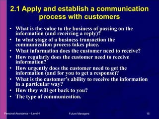 What is the value to the business of passing on the information (and receiving a reply)? In what stage of a business transaction the communication process takes place. What information does the customer need to receive? How regularly does the customer need to receive information? How urgently does the customer need to get the information (and for you to get a response)? What is the customer’s ability to receive the information in a particular way? How they will get back to you? The type of communication. 2.1 Apply and establish a communication process with customers Personal Assistance – Level 4 Future Managers  