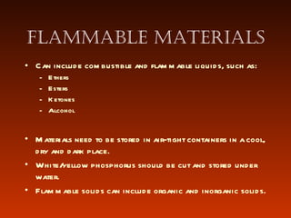 Flammable Materials Can include combustible and flammable liquids, such as: Ethers Esters Ketones Alcohol Materials need to be stored in air-tight containers in a cool, dry and dark place. White/yellow phosphorus should be cut and stored under water. Flammable solids can include organic and inorganic solids. 