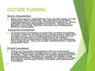 OUTSIDE FUNDING 
Service Organizations 
 Many local service organizations may provide money to help 
someone in their community. You can get a list of these 
organizations from your local Chamber of Commerce. Some 
examples of these organizations would be: Rotary Club, 
Kiwanis, Lions Club, JayCees, Business and Professional 
Women’s Association. 
Community Foundations 
 A Community Foundation is much like a private foundation; 
its funds, however, are derived from many donors rather than 
a single source. They handle bequests from those who do 
not wish to establish an individual private foundation, 
donations from corporations within the area, and donations 
from small givers. They are usually established for a specific 
geographic area. 
Private Foundations 
 These are non-profit organizations with an endowment 
usually donated from a single source, such as an individual 
or family. The private foundation is usually established from 
personal wealth. Examples of a private foundation would 
include Rockefeller Foundation, William H. and Grace A Dow 
Foundation, and Knight Family Charitable and Educational 
Foundation. 
 
 
