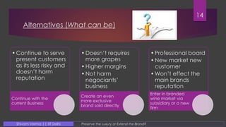 Alternatives (What can be)
•Continue to serve
present customers
as its less risky and
doesn’t harm
reputation
Continue with the
current Business
•Doesn’t requires
more grapes
•Higher margins
•Not harm
negociants’
business
Create an even
more exclusive
brand sold directly
•Professional board
•New market new
customer
•Won’t effect the
main brands
reputation
Enter in branded
wine market via
subsidiary or a new
firm
14
Preserve the Luxury or Extend the Brand?Shivam Verma || IIT Delhi
 
