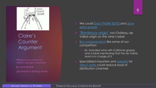 Claire’s
Counter
Argument
 We could buy more land and grow
extra grapes
 ‘Bordeaux origin’ not Château de
Vallois origin on the wine’s label
 Buy overseas land, like some of our
competitors
 Ex- branded wine with California grapes
and a label mentioning that the de Vallois
team is in charge of it
 Specialized importers and website for
direct order could reduce load of
distribution channels
Will give us a chance to-
attract younger consumers
Be more flexible
get ahead of drinking trends
9
Preserve the Luxury or Extend the Brand?Shivam Verma || IIT Delhi
 
