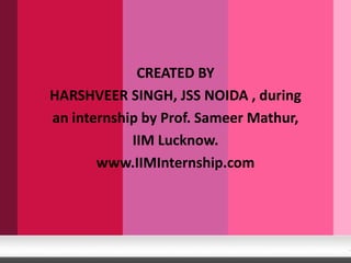 CREATED BY
HARSHVEER SINGH, JSS NOIDA , during
an internship by Prof. Sameer Mathur,
IIM Lucknow.
www.IIMInternship.com
 