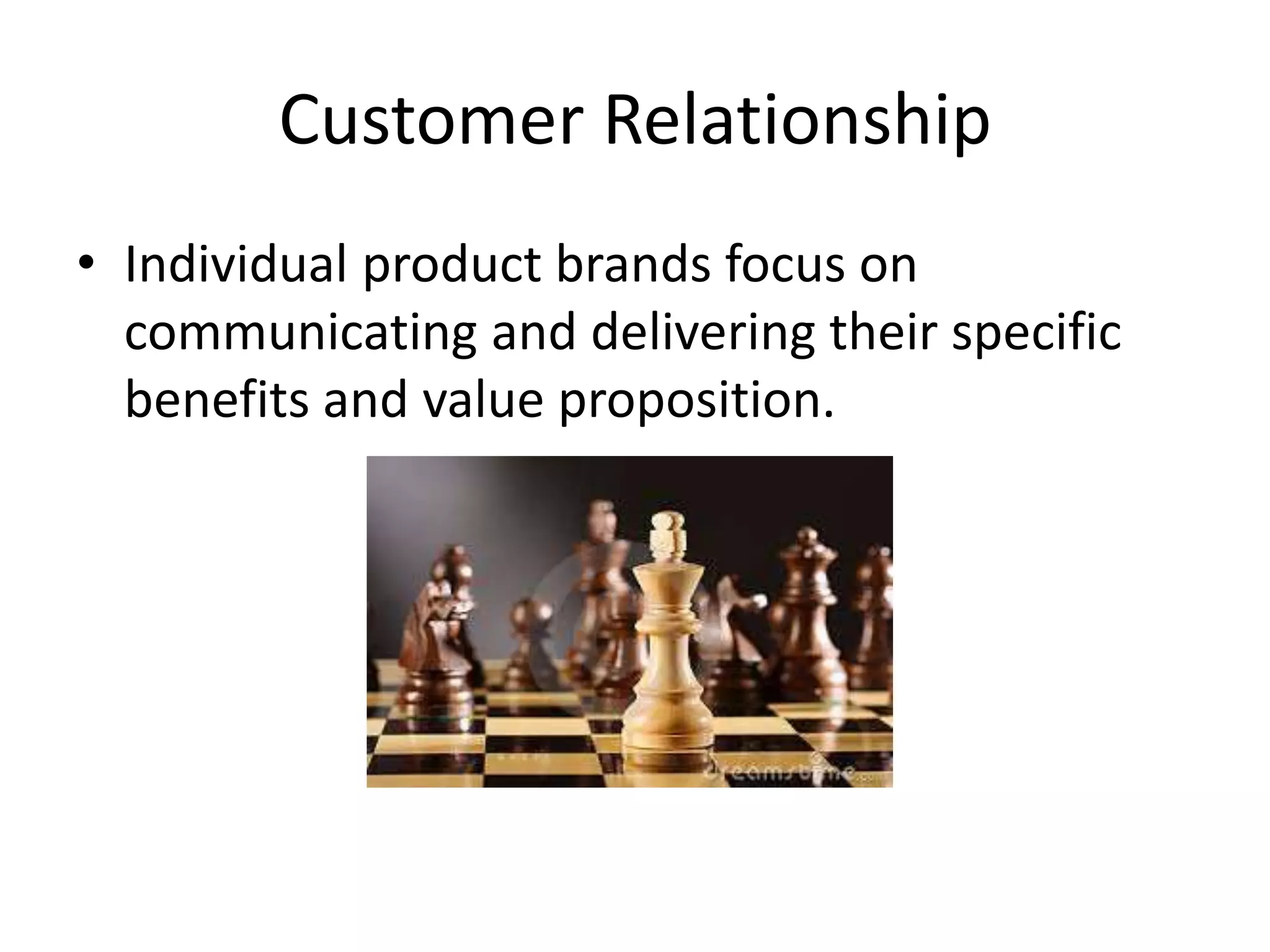 Customer Relationship
• Individual product brands focus on
communicating and delivering their specific
benefits and value proposition.
 