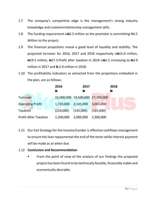 9 | P a g e
1.7 The company’s competitive edge is the management’s strong industry
knowledge and customerrelationship management skills.
1.8 The funding requirement isN2.5 million as the promoter is committing N0.5
Million to the project.
1.9 The financial projections reveal a good level of liquidity and stability. The
projected turnover for 2016, 2017 and 2018 respectively isN15.0 million,
N19.5 million, N27.3.Profit after taxation in 2016 isN1.5 increasing to N2.0
million in 2017 and N 2.9 million in 2018.
1.10 The profitability indicators as extracted from the projections embodied in
the plan, are as follows:
2016 2017 2018
N N N
Turnover 15,000,000 19,500,000 27,300,000
Operating Profit 1,710,000 2,145,000 3,065,000
Taxation (210,000) (145,000) (165,000)
Profit After Taxation 1,500,000 2,000,000 2,900,000
1.11 Our Exit Strategy for the Investor/Lender is effective cashflows management
to ensure the loan repaymentat the end of the tenor while interest payment
will be made as at when due.
1.12 Conclusion and Recommendation
 From the point of view of the analysis of our findings the proposed
project has been found to be technically feasible, financially viable and
economically desirable.
 