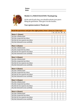  
Name:	
   	
  
Date:	
   	
  
	
  
	
  
Module	
  4.1_PEER	
  EVALUATION:	
  Thanksgiving	
  	
  
	
  
At	
  the	
  end	
  of	
  each	
  class,	
  you	
  should	
  evaluate	
  your	
  peers	
  
filling	
  the	
  grid	
  below.	
  Then	
  give	
  it	
  to	
  the	
  teacher.	
  
	
  
Your	
  opinion	
  matters!	
  Thank	
  you!	
  
	
  
	
  
Read	
  the	
  questions	
  and	
  give	
  the	
  right	
  points,	
  from	
  1	
  (low)	
  to	
  5	
  (the	
  top)	
  
	
   1	
   2	
   3	
   4	
   5	
  
Mates	
  1:	
  (Name)	
  
He/she	
  collaborated	
   	
   	
   	
   	
   	
  
He/she	
  respected	
  my	
  ideas	
   	
   	
   	
   	
   	
  
He/she	
  let	
  me	
  express	
  my	
  ideas	
   	
   	
   	
   	
   	
  
He/she	
  listened	
  to	
  me	
  carefully	
   	
   	
   	
   	
   	
  
	
  
Mate	
  2:	
  (Name)	
  
He/she	
  collaborated	
   	
   	
   	
   	
   	
  
He/she	
  respected	
  my	
  ideas	
   	
   	
   	
   	
   	
  
He/she	
  let	
  me	
  express	
  my	
  ideas	
   	
   	
   	
   	
   	
  
He/she	
  listened	
  to	
  me	
  carefully	
   	
   	
   	
   	
   	
  
	
  
Mate	
  3:	
  (Name)	
  
He/she	
  collaborated	
   	
   	
   	
   	
   	
  
He/she	
  respected	
  my	
  ideas	
   	
   	
   	
   	
   	
  
He/she	
  let	
  me	
  express	
  my	
  ideas	
   	
   	
   	
   	
   	
  
He/she	
  listened	
  to	
  me	
  carefully	
   	
   	
   	
   	
   	
  
	
  
Mate	
  4:	
  (Name)	
  
He/she	
  collaborated	
   	
   	
   	
   	
   	
  
He/she	
  respected	
  my	
  ideas	
   	
   	
   	
   	
   	
  
He/she	
  let	
  me	
  express	
  my	
  ideas	
   	
   	
   	
   	
   	
  
He/she	
  listened	
  to	
  me	
  carefully	
   	
   	
   	
   	
   	
  
	
  
Mate	
  5:	
  (Name)	
  
He/she	
  collaborated	
   	
   	
   	
   	
   	
  
He/she	
  respected	
  my	
  ideas	
   	
   	
   	
   	
   	
  
He/she	
  let	
  me	
  express	
  my	
  ideas	
   	
   	
   	
   	
   	
  
He/she	
  listened	
  to	
  me	
  carefully	
   	
   	
   	
   	
   	
  
	
  
Mate	
  6:	
  (Name)	
  
He/she	
  collaborated	
   	
   	
   	
   	
   	
  
He/she	
  respected	
  my	
  ideas	
   	
   	
   	
   	
   	
  
He/she	
  let	
  me	
  express	
  my	
  ideas	
   	
   	
   	
   	
   	
  
He/she	
  listened	
  to	
  me	
  carefully	
   	
   	
   	
   	
   	
  
 