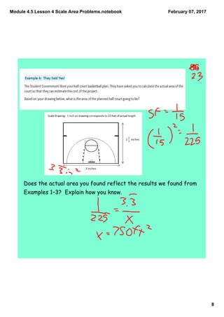 Module 4.5 Lesson 4 Scale Area Problems.notebook
8
February 07, 2017
Does the actual area you found reflect the results we found from
Examples 1–3? Explain how you know.
86
 