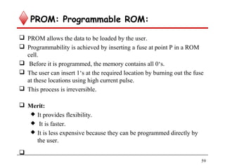 PROM: Programmable ROM:
 PROM allows the data to be loaded by the user.
 Programmability is achieved by inserting a fuse at point P in a ROM
cell.
 Before it is programmed, the memory contains all 0‘s.
 The user can insert 1‘s at the required location by burning out the fuse
at these locations using high current pulse.
 This process is irreversible.
 Merit:
 It provides flexibility.
 It is faster.
 It is less expensive because they can be programmed directly by
the user.

59
 
