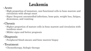 Leukemia
• Acute
 High proportion of immature, non-functional cells in bone marrow and
circulation with abrupt onset
 Signs: frequent uncontrolled infections, bone pain, weight loss, fatigue,
drowsiness, and vomiting
• Chronic
 Higher proportion of mature cells in bone marrow and circulation with
insidious onset
 Milder signs and better prognosis
• Diagnosis
 Peripheral blood smears and bone marrow biopsy
• Treatment
 Chemotherapy, biologic therapy
 