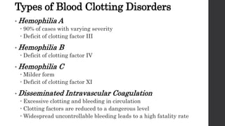 Types of Blood Clotting Disorders
• Hemophilia A
 90% of cases with varying severity
 Deficit of clotting factor III
• Hemophilia B
 Deficit of clotting factor IV
• Hemophilia C
 Milder form
 Deficit of clotting factor XI
• Disseminated Intravascular Coagulation
 Excessive clotting and bleeding in circulation
 Clotting factors are reduced to a dangerous level
 Widespread uncontrollable bleeding leads to a high fatality rate
 
