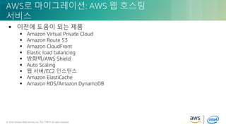 © 2018, Amazon Web Services, Inc. or its Affiliates. All rights reserved.© 2018, Amazon Web Services, Inc. 또는 자회사. All rights reserved.
 이전에 도움이 되는 제품
 Amazon Virtual Private Cloud
 Amazon Route 53
 Amazon CloudFront
 Elastic load balancing
 방화벽/AWS Shield
 Auto Scaling
 웹 서버/EC2 인스턴스
 Amazon ElastiCache
 Amazon RDS/Amazon DynamoDB
AWS로 마이그레이션: AWS 웹 호스팅
서비스
 