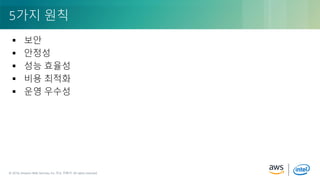 © 2018, Amazon Web Services, Inc. or its Affiliates. All rights reserved.© 2018, Amazon Web Services, Inc. 또는 자회사. All rights reserved.
 보안
 안정성
 성능 효율성
 비용 최적화
 운영 우수성
5가지 원칙
 