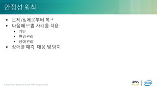 © 2018, Amazon Web Services, Inc. or its Affiliates. All rights reserved.© 2018, Amazon Web Services, Inc. 또는 자회사. All rights reserved.
 문제/장애로부터 복구
 다음에 모범 사례를 적용:
 기반
 변경 관리
 장애 관리
 장애를 예측, 대응 및 방지
안정성 원칙
 