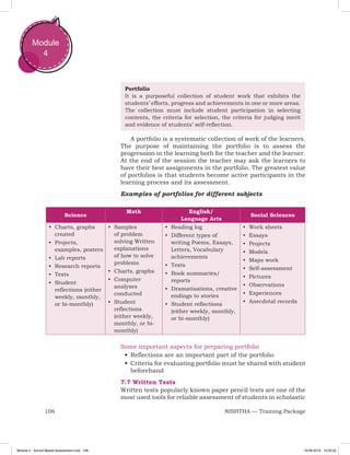 106 NISHTHA — Training Package
Module
4
Portfolio
It is a purposeful collection of student work that exhibits the
students’ efforts, progress and achievements in one or more areas.
The collection must include student participation in selecting
contents, the criteria for selection, the criteria for judging merit
and evidence of students’ self-reflection.
A portfolio is a systematic collection of work of the learners.
The purpose of maintaining the portfolio is to assess the
progression in the learning both for the teacher and the learner.
At the end of the session the teacher may ask the learners to
have their best assignments in the portfolio. The greatest value
of portfolios is that students become active participants in the
learning process and its assessment.
Examples of portfolios for different subjects
Science
Math English/
Language Arts
Social Sciences
•	 Charts, graphs
created
•	 Projects,
examples, posters
•	 Lab reports
•	 Research reports
•	 Tests
•	 Student
reflections (either
weekly, monthly,
or bi-monthly)
•	 Samples
of problem
solving Written
explanations
of how to solve
problems
•	 Charts, graphs
•	 Computer
analyses
conducted
•	 Student
reflections
(either weekly,
monthly, or bi-
monthly)
•	 Reading log
•	 Different types of
writing Poems, Essays,
Letters, Vocabulary
achievements
•	 Tests
•	 Book summaries/
reports
•	 Dramatisations, creative
endings to stories
•	 Student reflections
(either weekly, monthly,
or bi-monthly)
•	 Work sheets
•	 Essays
•	 Projects
•	 Models
•	 Maps work
•	 Self-assessment
•	 Pictures
•	 Observations
•	 Experiences
•	 Anecdotal records
Some important aspects for preparing portfolio
•	Reflections are an important part of the portfolio
•	Criteria for evaluating portfolio must be shared with student
beforehand
7.7 Written Tests
Written tests popularly known paper pencil tests are one of the
most used tools for reliable assessment of students in scholastic
Module 4 - School Based Assessment.indd 106 19-08-2019 13:25:52
 