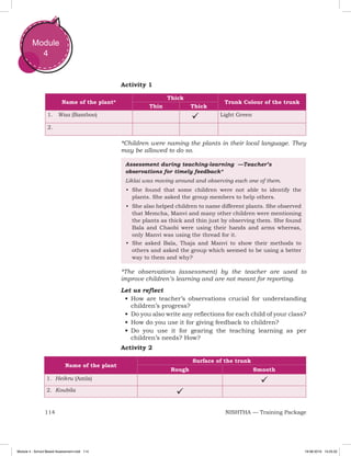114 NISHTHA — Training Package
Module
4
Activity 1
Name of the plant*
Thick
Trunk Colour of the trunk
Thin Thick
1. Waa (Bamboo)	
 Light Green
2.
*Children were naming the plants in their local language. They
may be allowed to do so.
Assessment during teaching-learning —Teacher’s
observations for timely feedback*
Liklai was moving around and observing each one of them.
•	 She found that some children were not able to identify the
plants. She asked the group members to help others.
•	 She also helped children to name different plants. She observed
that Memcha, Manvi and many other children were mentioning
the plants as thick and thin just by observing them. She found
Bala and Chaobi were using their hands and arms whereas,
only Manvi was using the thread for it.
•	 She asked Bala, Thaja and Manvi to show their methods to
others and asked the group which seemed to be using a better
way to them and why?
*The observations (assessment) by the teacher are used to
improve children’s learning and are not meant for reporting.
Let us reflect
•	How are teacher’s observations crucial for understanding
children’s progress?
•	Do you also write any reflections for each child of your class?
•	How do you use it for giving feedback to children?
•	Do you use it for gearing the teaching learning as per
children’s needs? How?
Activity 2
Name of the plant
Surface of the trunk
Rough Smooth
1. Heikru (Amla)

2. Koubila

Module 4 - School Based Assessment.indd 114 19-08-2019 13:25:52
 