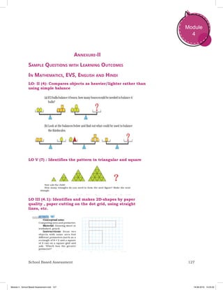 127School Based Assessment
Module
4
Annexure-II
Sample Questions with Learning Outcomes
In Mathematics, EVS, English and Hindi
LO: II (4): Compares objects as heavier/lighter rather than
using simple balance
LO V (7) : Identifies the pattern in triangular and square
LO III (4.1): Identifies and makes 2D-shapes by paper
quality , paper cutting on the dot grid, using straight
lines, etc.
Module 4 - School Based Assessment.indd 127 19-08-2019 13:25:52
 