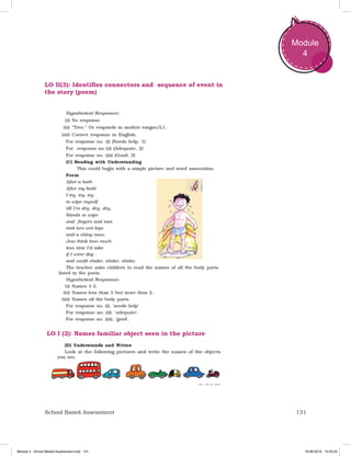 131School Based Assessment
Module
4
LO II(3): Identifies connectors and sequence of event in
the story (poem)
LO I (2): Names familiar object seen in the picture
Module 4 - School Based Assessment.indd 131 19-08-2019 13:25:53
 