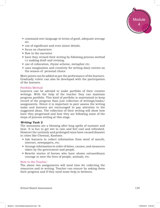 139School Based Assessment
Module
4
•	command over language in terms of good, adequate average
etc
•	use of significant and even minor details.
•	focus on characters
•	flow in the narrative
•	have they revised their writing by following process method
i.e making draft and revising.
•	use of collocation, rhyme scheme, metaphor etc.
•	uses imagination and creativity for writing diary entries on
the season of personal choice
More points can be added as per the performance of the learners.
Gradually rubric can also be developed with the participation
of the learners.
Portfolio Method
Learners can be advised to make portfolio of their creative
writings. With the help of the teacher they can maintain
progress portfolio. This kind of portfolio is maintained to keep
record of the progress than just collection of writings/tasks/
assignments. Hence it is important to peer assess the writing
tasks and learners are encouraged to pay attention to the
suggested ideas. The collection of their writing will show how
have they progressed and how they are following some of the
steps of process writing at this stage.
Writing Task 2
The monsoons are a blessing after long spells of summer and
heat. It is fun to get wet in rain and feel cool and refreshed.
However the untimely and prolonged rains have caused disaster
in cities like Chennai, Kashmir.
•	Ask learners to collect information from word of mouth,
internet, newspapers, etc.
•	Arrange information in order of dates, causes, and measures
taken by the government and people.
•	Rewrite stories of heroes who have shown extraordinary
courage to save the lives of people, animals, etc.
Note to the Teacher
The above two assignments will need time for collecting the
resources and in writing. Teacher can ensure by asking them
their progress and if they need some help in between.
Module 4 - School Based Assessment.indd 139 19-08-2019 13:25:53
 