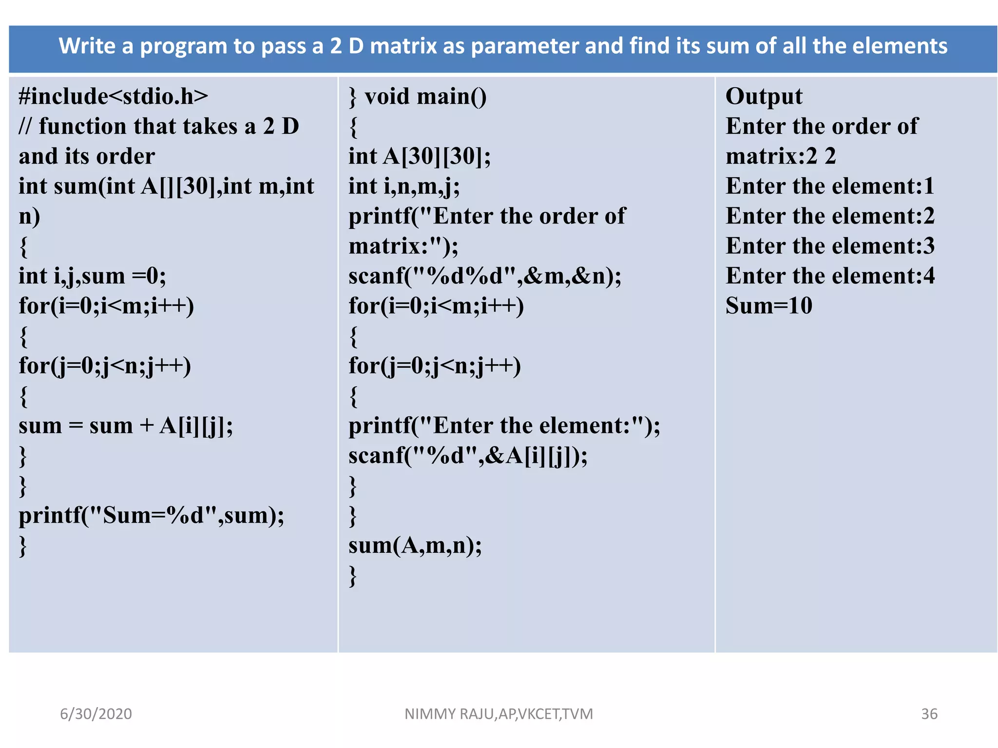 Write a program to pass a 2 D matrix as parameter and find its sum of all the elements
#include<stdio.h>
// function that takes a 2 D
and its order
int sum(int A[][30],int m,int
n)
{
int i,j,sum =0;
for(i=0;i<m;i++)
{
for(j=0;j<n;j++)
{
sum = sum + A[i][j];
}
}
printf("Sum=%d",sum);
}
} void main()
{
int A[30][30];
int i,n,m,j;
printf("Enter the order of
matrix:");
scanf("%d%d",&m,&n);
for(i=0;i<m;i++)
{
for(j=0;j<n;j++)
{
printf("Enter the element:");
scanf("%d",&A[i][j]);
}
}
sum(A,m,n);
}
Output
Enter the order of
matrix:2 2
Enter the element:1
Enter the element:2
Enter the element:3
Enter the element:4
Sum=10
6/30/2020 NIMMY RAJU,AP,VKCET,TVM 36
 