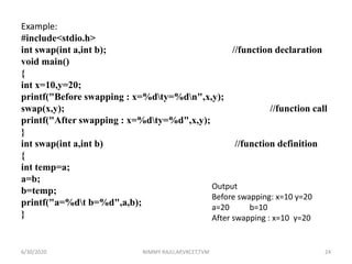 Example:
#include<stdio.h>
int swap(int a,int b); //function declaration
void main()
{
int x=10,y=20;
printf("Before swapping : x=%dty=%dn",x,y);
swap(x,y); //function call
printf("After swapping : x=%dty=%d",x,y);
}
int swap(int a,int b) //function definition
{
int temp=a;
a=b;
b=temp;
printf("a=%dt b=%d",a,b);
}
Output
Before swapping: x=10 y=20
a=20 b=10
After swapping : x=10 y=20
6/30/2020 NIMMY RAJU,AP,VKCET,TVM 24
 