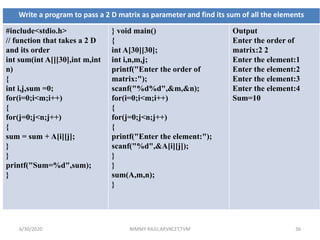Write a program to pass a 2 D matrix as parameter and find its sum of all the elements
#include<stdio.h>
// function that takes a 2 D
and its order
int sum(int A[][30],int m,int
n)
{
int i,j,sum =0;
for(i=0;i<m;i++)
{
for(j=0;j<n;j++)
{
sum = sum + A[i][j];
}
}
printf("Sum=%d",sum);
}
} void main()
{
int A[30][30];
int i,n,m,j;
printf("Enter the order of
matrix:");
scanf("%d%d",&m,&n);
for(i=0;i<m;i++)
{
for(j=0;j<n;j++)
{
printf("Enter the element:");
scanf("%d",&A[i][j]);
}
}
sum(A,m,n);
}
Output
Enter the order of
matrix:2 2
Enter the element:1
Enter the element:2
Enter the element:3
Enter the element:4
Sum=10
6/30/2020 NIMMY RAJU,AP,VKCET,TVM 36
 