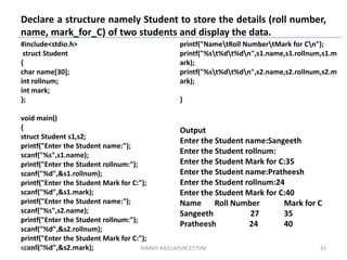 Declare a structure namely Student to store the details (roll number,
name, mark_for_C) of two students and display the data.
#include<stdio.h>
struct Student
{
char name[30];
int rollnum;
int mark;
};
void main()
{
struct Student s1,s2;
printf("Enter the Student name:");
scanf("%s",s1.name);
printf("Enter the Student rollnum:");
scanf("%d",&s1.rollnum);
printf("Enter the Student Mark for C:");
scanf("%d",&s1.mark);
printf("Enter the Student name:");
scanf("%s",s2.name);
printf("Enter the Student rollnum:");
scanf("%d",&s2.rollnum);
printf("Enter the Student Mark for C:");
scanf("%d",&s2.mark);
printf("NametRoll NumbertMark for Cn");
printf("%st%dt%dn",s1.name,s1.rollnum,s1.m
ark);
printf("%st%dt%dn",s2.name,s2.rollnum,s2.m
ark);
}
Output
Enter the Student name:Sangeeth
Enter the Student rollnum:
Enter the Student Mark for C:35
Enter the Student name:Pratheesh
Enter the Student rollnum:24
Enter the Student Mark for C:40
Name Roll Number Mark for C
Sangeeth 27 35
Pratheesh 24 40
6/30/2020 NIMMY RAJU,AP,VKCET,TVM 43
 