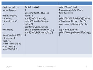 #include<stdio.h>
struct Student
{
char name[30];
int rollno;
int mark_for_C;
};
void main()
{
struct Student s[30];
int i,n,sum=0;
float avg;
printf("Enter the no
of Student:");
scanf("%d",&n);
for(i=0;i<n;i++)
{
printf("Enter the Student
name:");
scanf("%s",s[i].name);
printf("Enter the Student
rollno:");
scanf("%d",&s[i].rollno);
printf("Enter the Mark for C:");
scanf("%d",&s[i].mark_for_C);
}
printf("NametRoll
NumbertMark for Cn");
for(i=0;i<n;i++)
{
printf("%st%dt%dn",s[i].name,
s[i].rollnum,s[i].mark_for_C);
sum = sum + s[i].mark_for_C;
}
avg = (float)sum /n;
printf("Average Mark=%fn",avg);
}
6/30/2020 NIMMY RAJU,AP,VKCET,TVM 44
 
