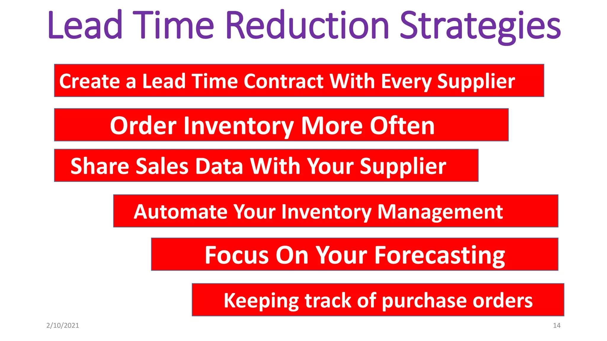 Lead Time Reduction Strategies
Create a Lead Time Contract With Every Supplier
Share Sales Data With Your Supplier
Automate Your Inventory Management
Focus On Your Forecasting
Keeping track of purchase orders
Order Inventory More Often
2/10/2021 14
 