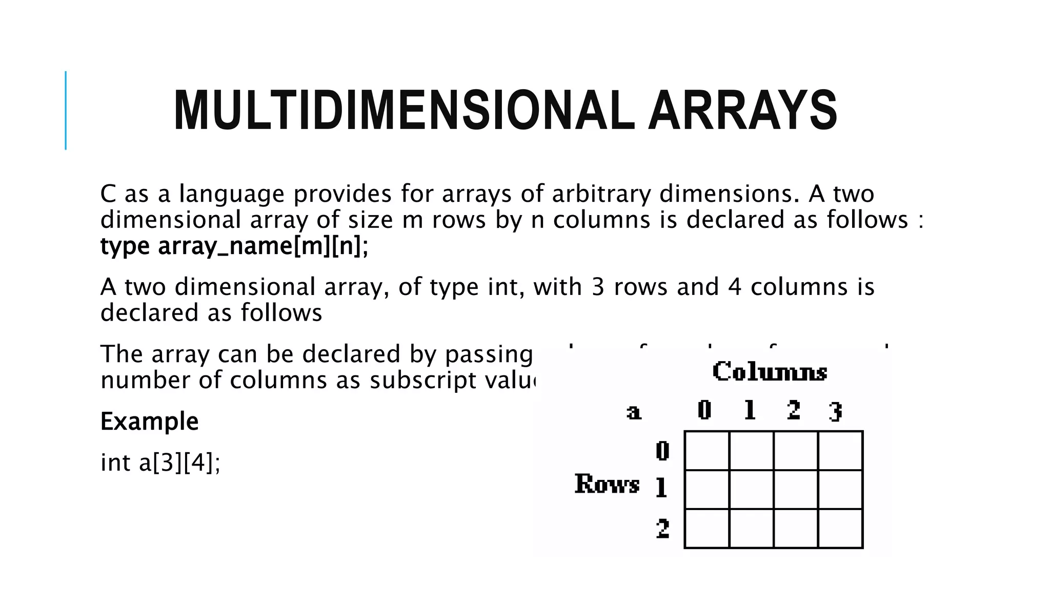 MULTIDIMENSIONAL ARRAYS C as a language provides for arrays of arbitrary dimensions. A two dimensional array of size m rows by n columns is declared as follows : type array_name[m][n]; A two dimensional array, of type int, with 3 rows and 4 columns is declared as follows The array can be declared by passing values of number of rows and number of columns as subscript values. Example int a[3][4]; 