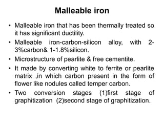 Malleable iron
• Malleable iron that has been thermally treated so
it has significant ductility.
• Malleable iron-carbon-silicon alloy, with 2-
3%carbon& 1-1.8%silicon.
• Microstructure of pearlite & free cementite.
• It made by converting white to ferrite or pearlite
matrix ,in which carbon present in the form of
flower like nodules called temper carbon.
• Two conversion stages (1)first stage of
graphitization (2)second stage of graphitization.
 