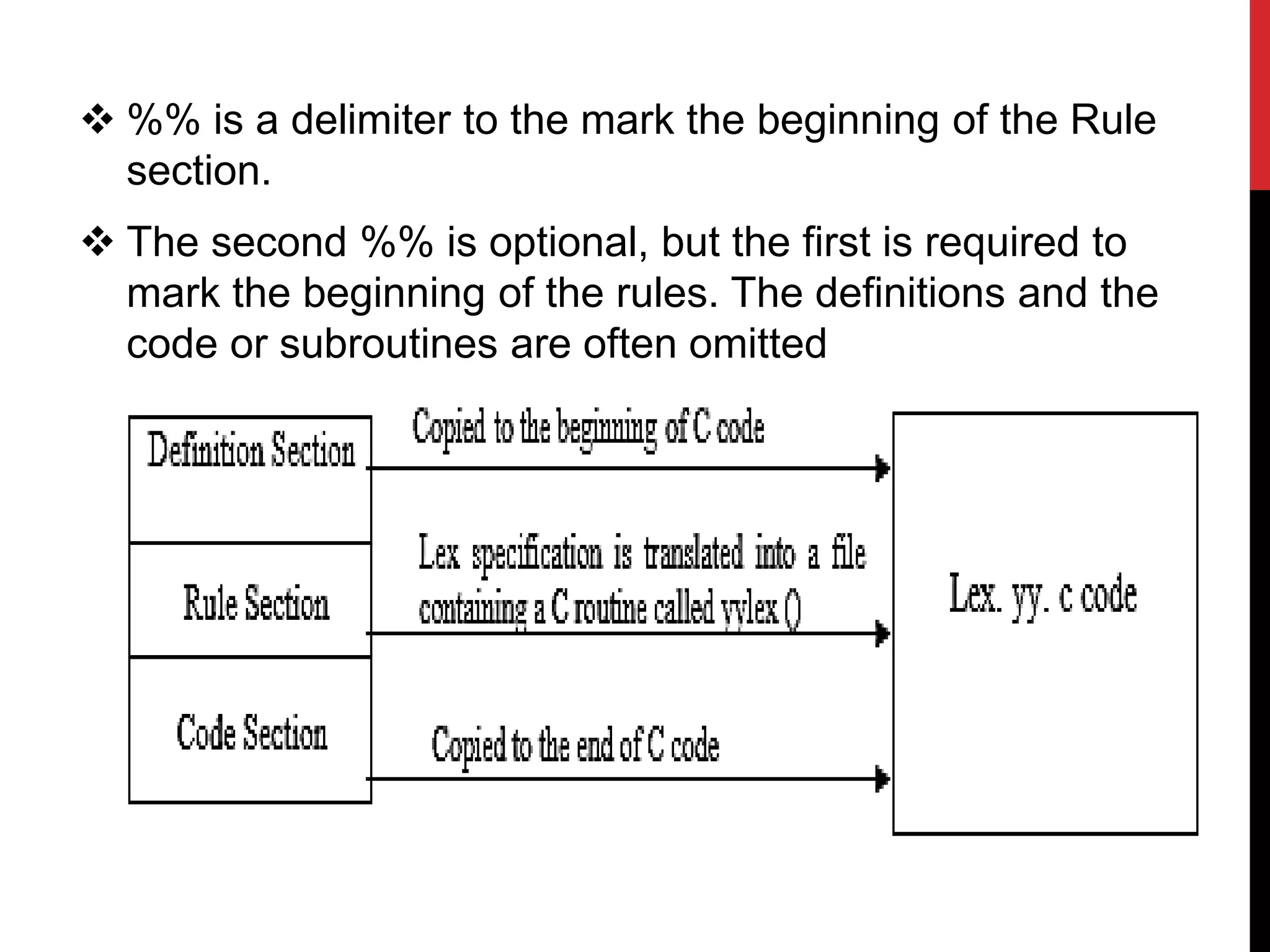  %% is a delimiter to the mark the beginning of the Rule
section.
 The second %% is optional, but the first is required to
mark the beginning of the rules. The definitions and the
code or subroutines are often omitted
 
