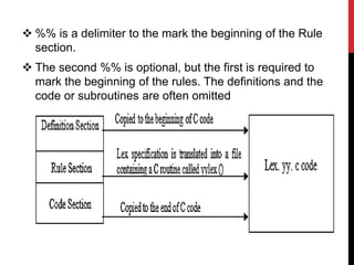  %% is a delimiter to the mark the beginning of the Rule
section.
 The second %% is optional, but the first is required to
mark the beginning of the rules. The definitions and the
code or subroutines are often omitted
 