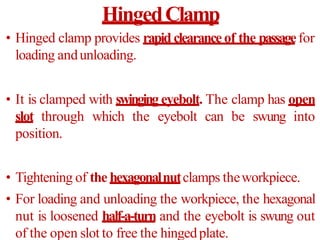 • Hinged clamp provides rapid clearance of the passagefor
loading andunloading.
• It is clamped with swingingeyebolt. The clamp has open
slot through which the eyebolt can be swung into
position.
• Tightening of the hexagonalnutclamps theworkpiece.
• For loading and unloading the workpiece, the hexagonal
nut is loosened half-a-turn and the eyebolt is swung out
of the open slot to free the hingedplate.
HingedClamp
 