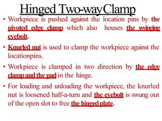Hinged Two-wayClamp
• Workpiece is pushed against the location pins by the
pivoted edge clamp which also houses the swinging
eyebolt.
• Knurled nut is used to clamp the workpiece against the
locationpins.
• Workpiece is clamped in two direction by the edge
clampandthe padin the hinge.
• For loading and unloading the workpiece, the knurled
nut is loosened half-a-turn and the eyebolt is swung out
of the open slot to free thehingedplate.
 