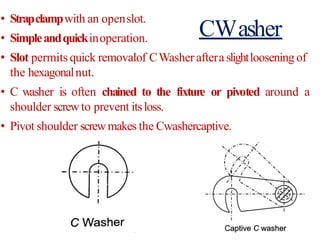 CWasher
• Strapclampwith an openslot.
• Simpleandquickinoperation.
• Slot permits quick removalof CWasher aftera slightloosening of
the hexagonalnut.
• C washer is often chained to the fixture or pivoted around a
shoulder screwto prevent itsloss.
• Pivot shoulder screwmakes the Cwashercaptive.
 